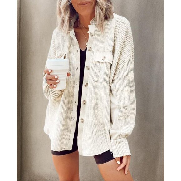 Womens Corduroy Waffle Shirt Large Button Long Sleeve Casual Jacket - Picture 3 of 3